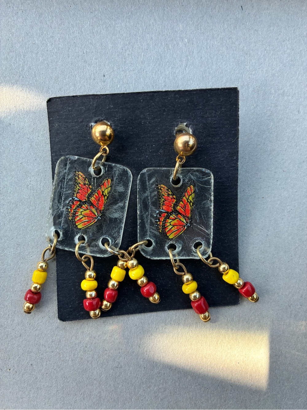 Butterfly Bead Drop Earrings in Red & Yellow